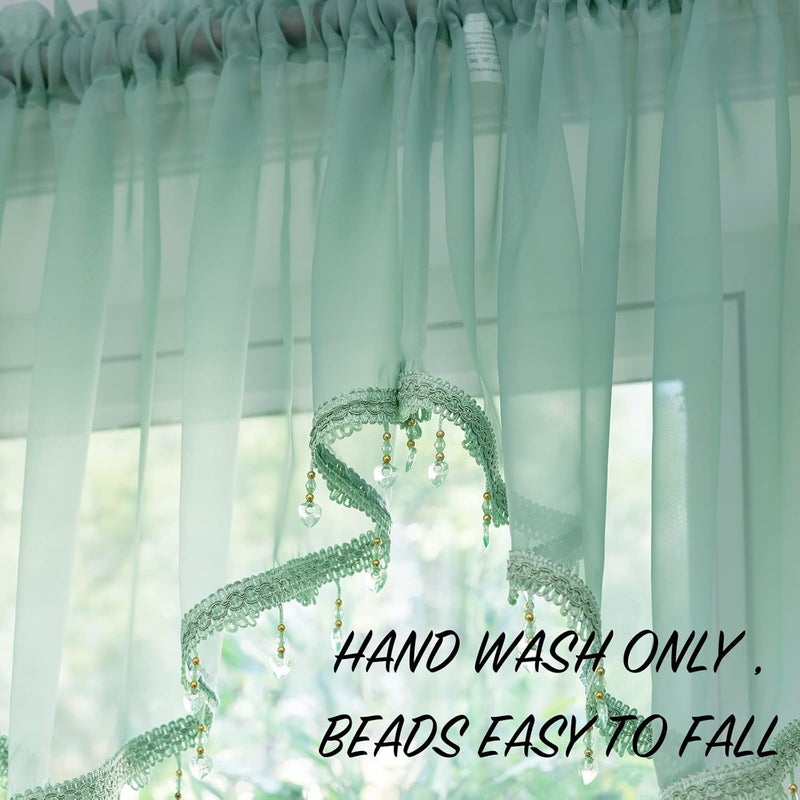 PearAge Beaded Sheer Valance Curtains for Living Room,Rod Pocket Farmhouse Window Valance, Bead Trim Tassel Voile Sheer Curtain Valance for Bedroom Bathroom Cafe 51x24 Inches (Mineral Blue) 1PC - Image 5